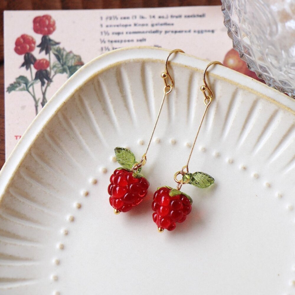 raspberry with leaf lampwork earrings handmade glass berries botanical nature